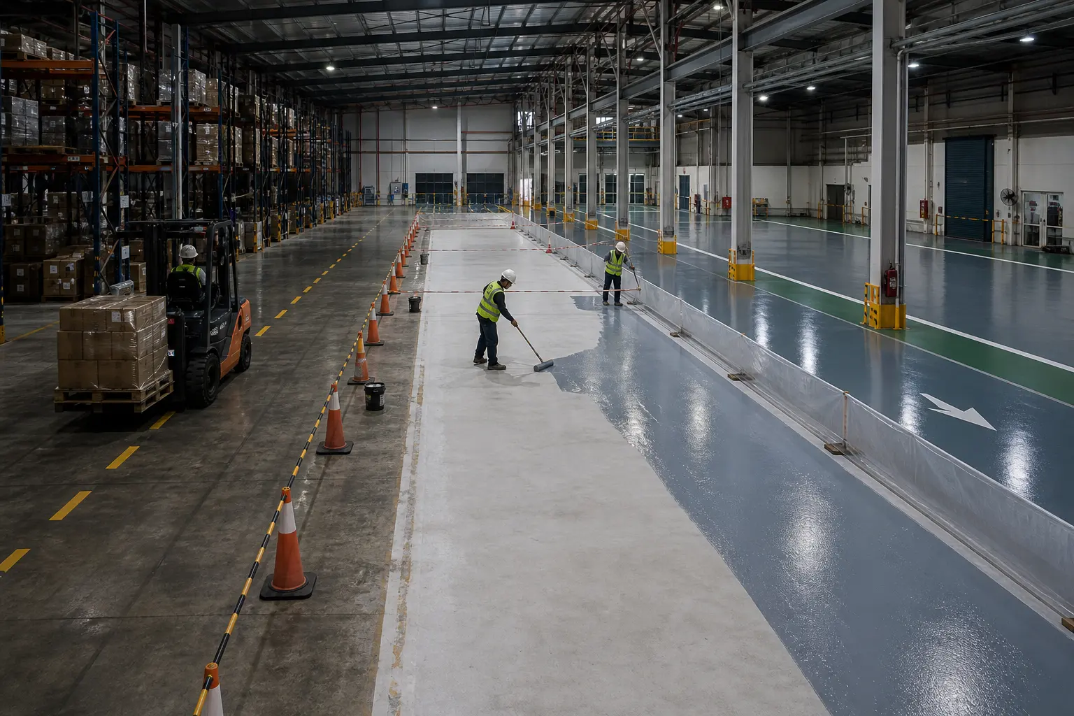 A warehouse divided into operating, coating and completed zones for phased floor handback