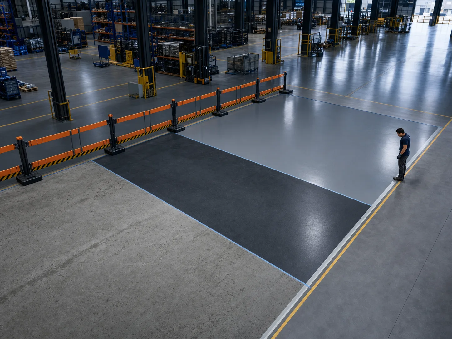 Warehouse floor divided into controlled preparation, priming and finished-coating phases