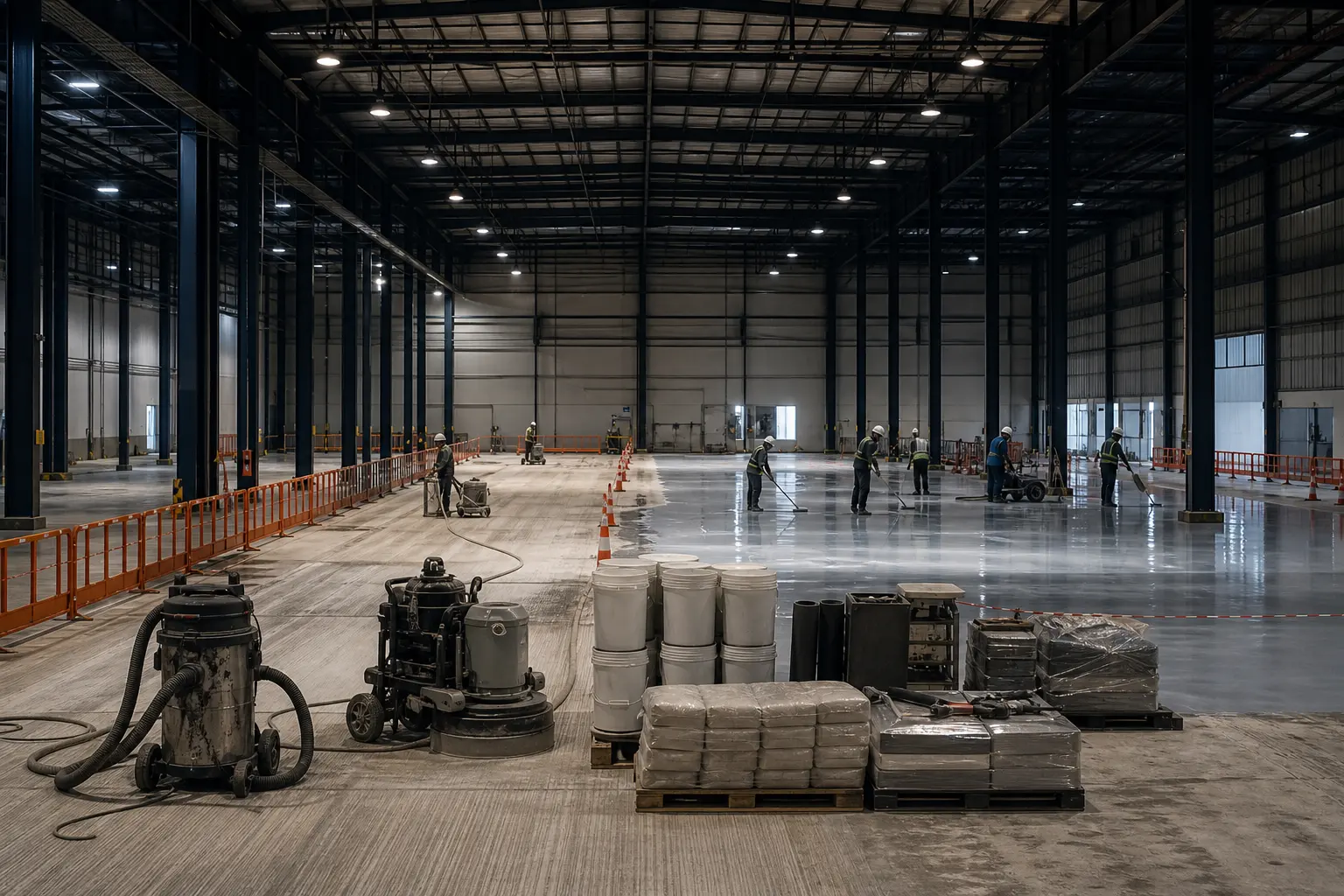A warehouse floor-renewal programme organised for a weekend closure with preparation and coating zones