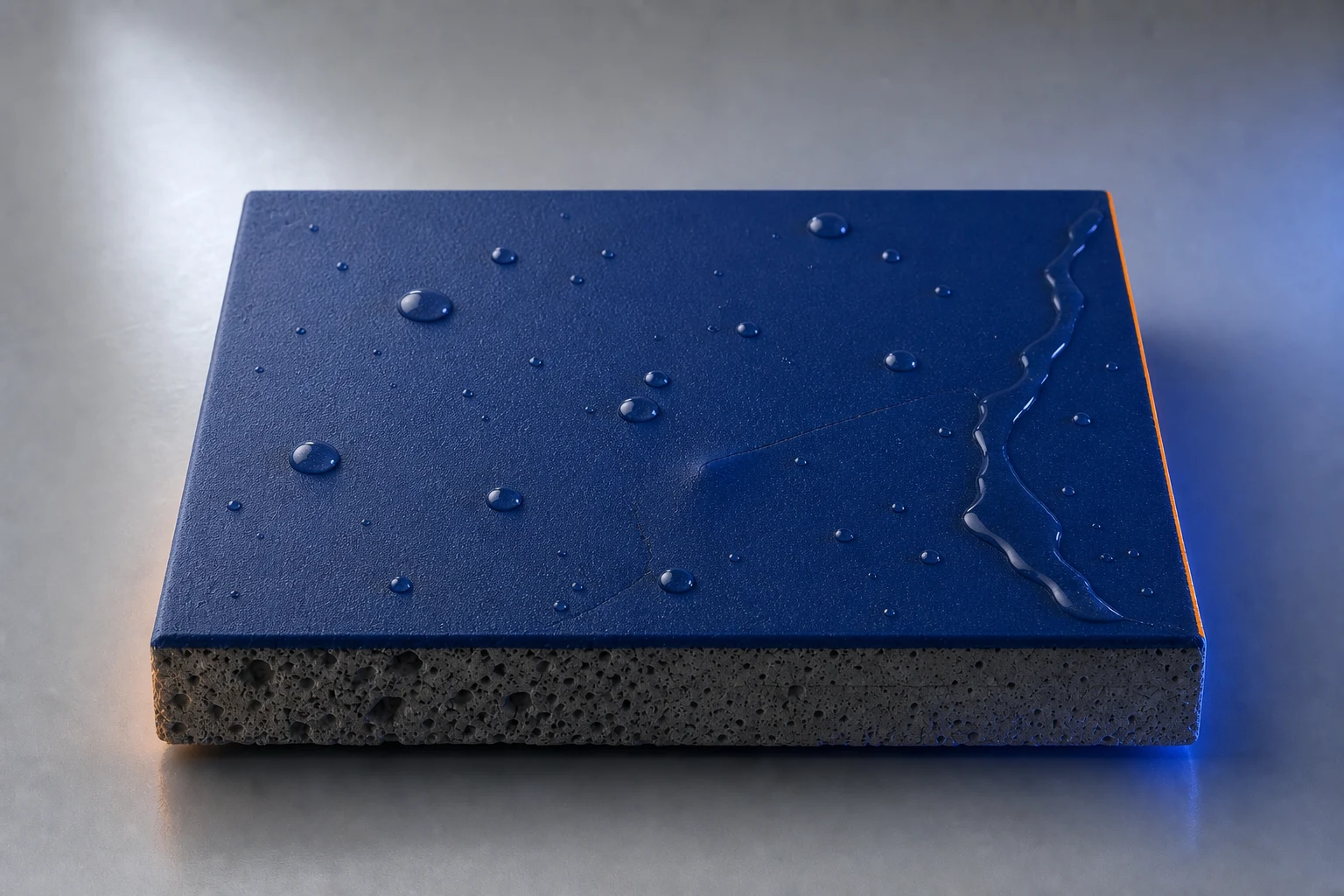Water beading on a continuous deep blue protective membrane applied over a concrete specimen