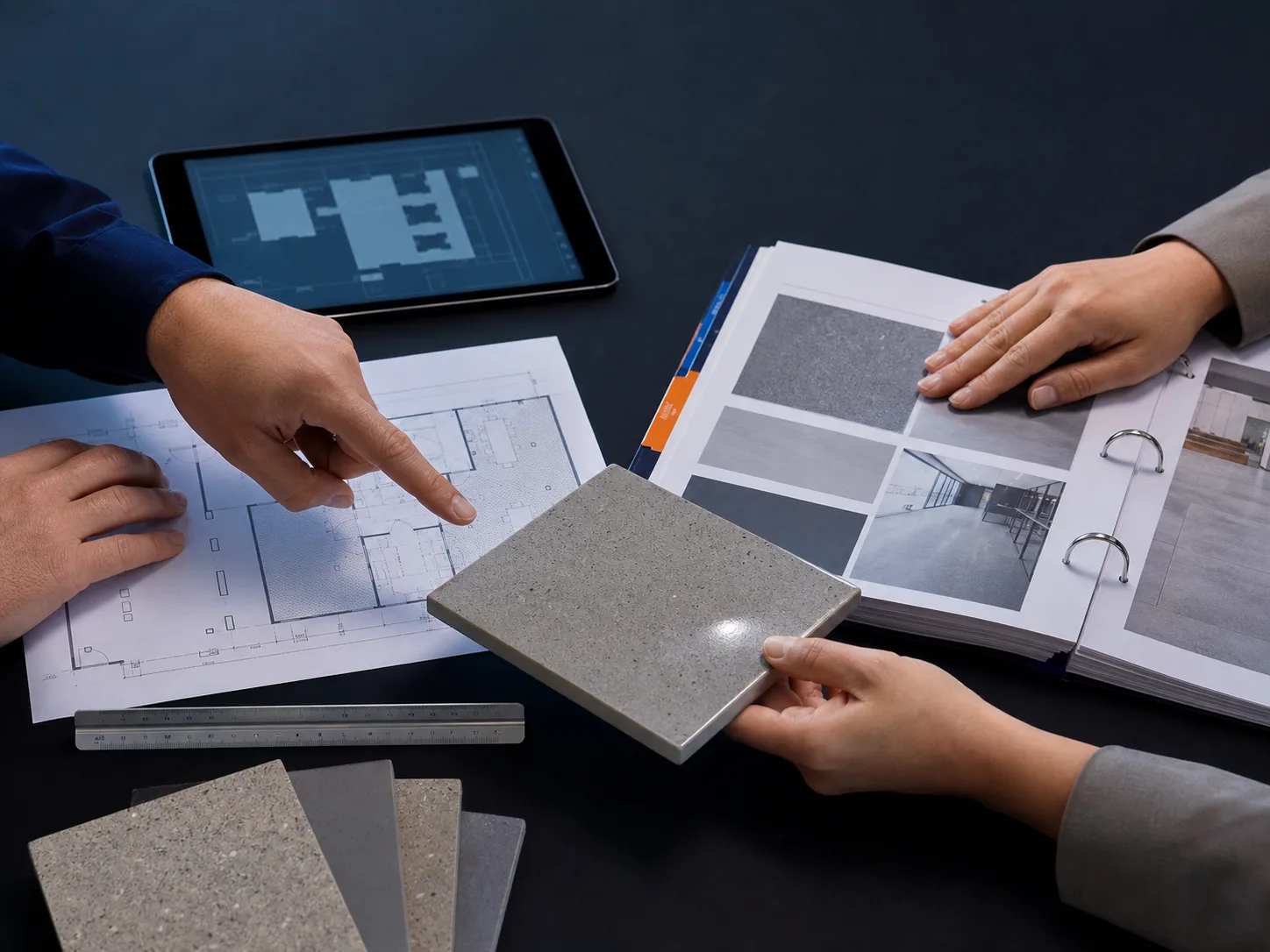 Concept visual of a technical team reviewing a floor plan, coating sample and product information together