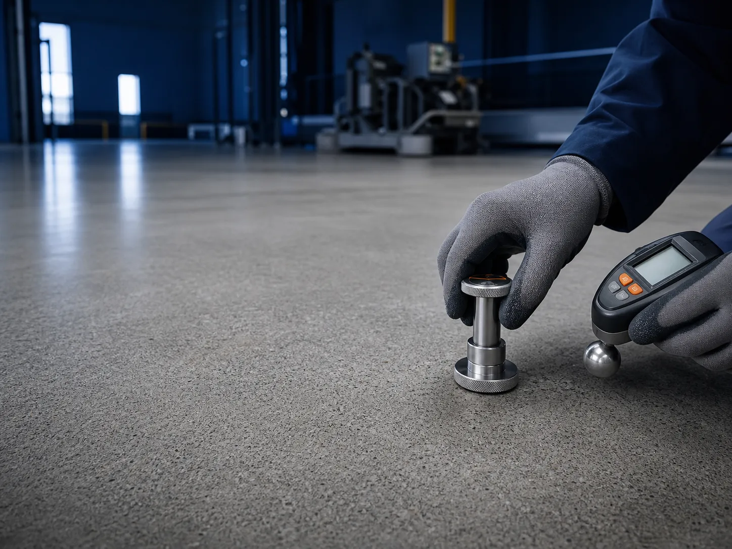 Technical specialist assessing concrete substrate condition before industrial floor coating work
