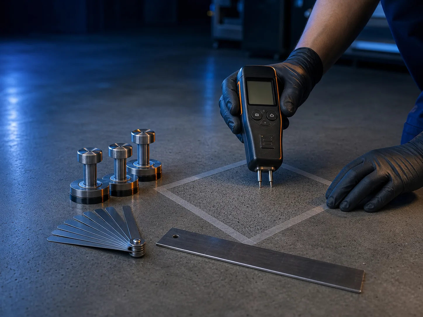 Technician assessing prepared concrete with a moisture meter, pull-off test dollies and a surface-profile tool