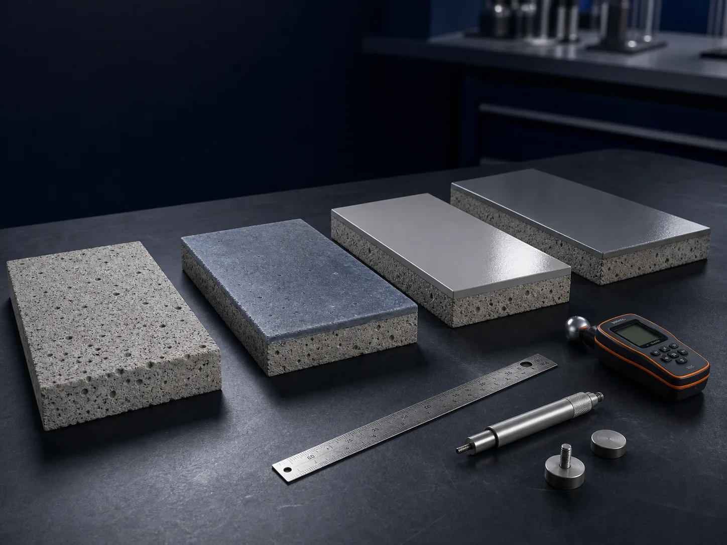 Four specimens showing prepared concrete, primer, body coat and finish beside inspection tools