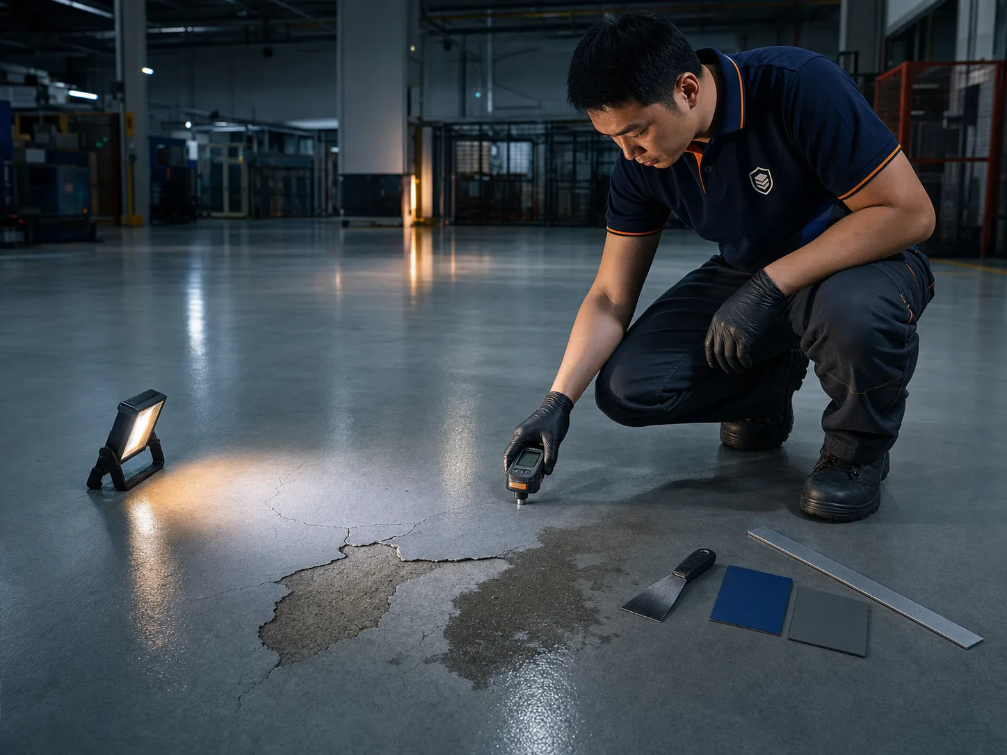 Technician using a moisture meter and raking light to inspect cracking and delamination on an industrial floor
