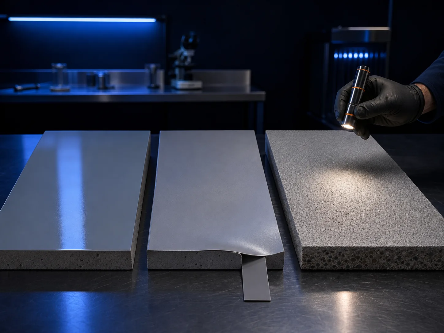 Epoxy, polyurethane and PU-cement coating samples showing different surface behaviours under inspection light