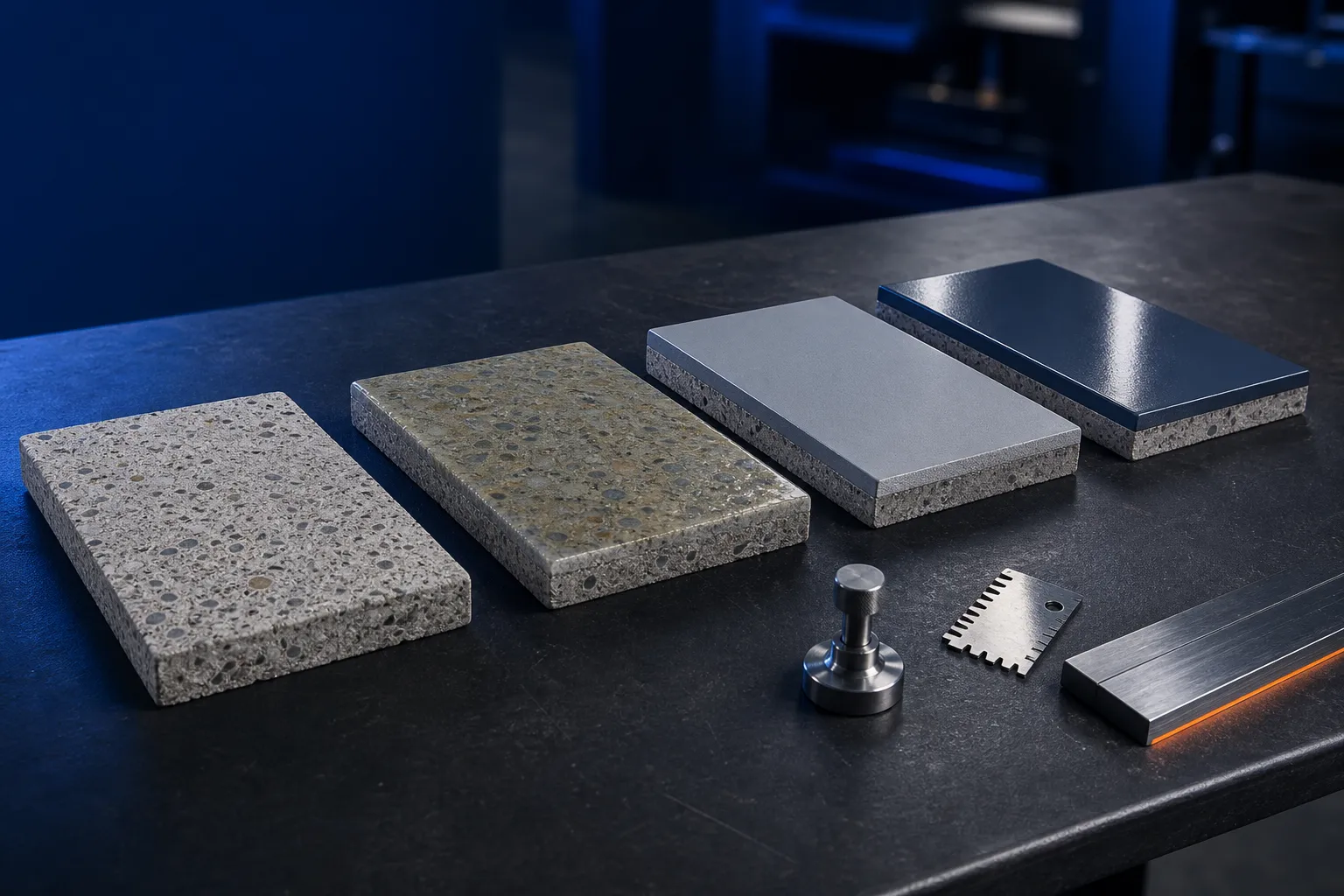 Four concrete samples showing the progression from prepared substrate to protective finish