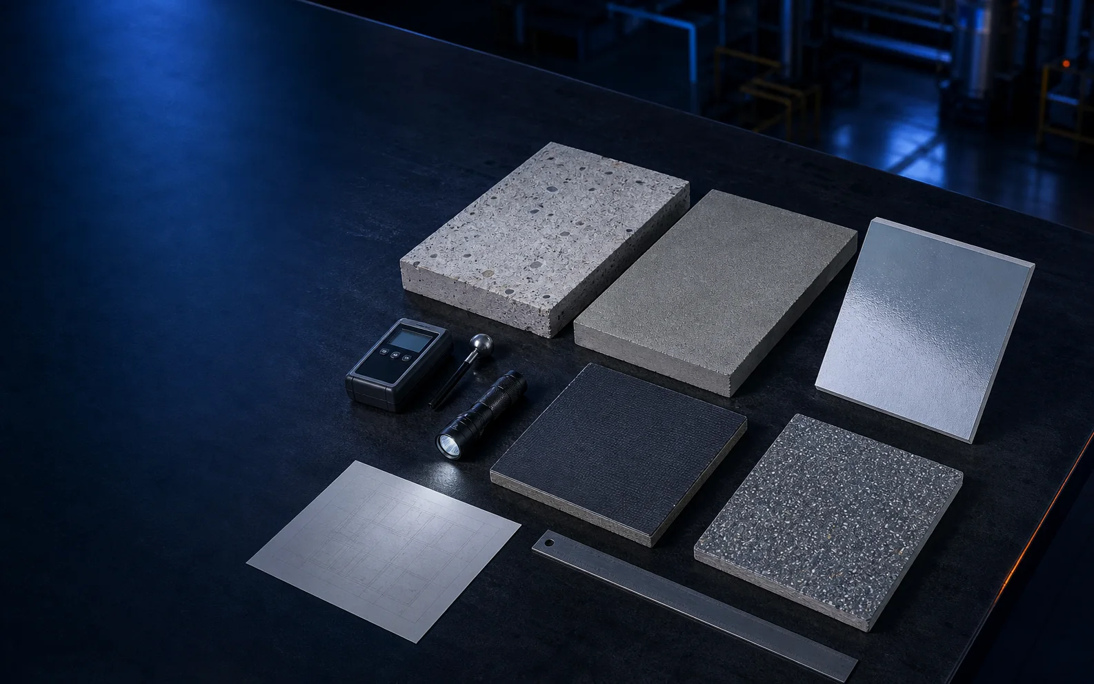 Concrete, screed, coated wall, membrane and anti-slip specimens with inspection tools