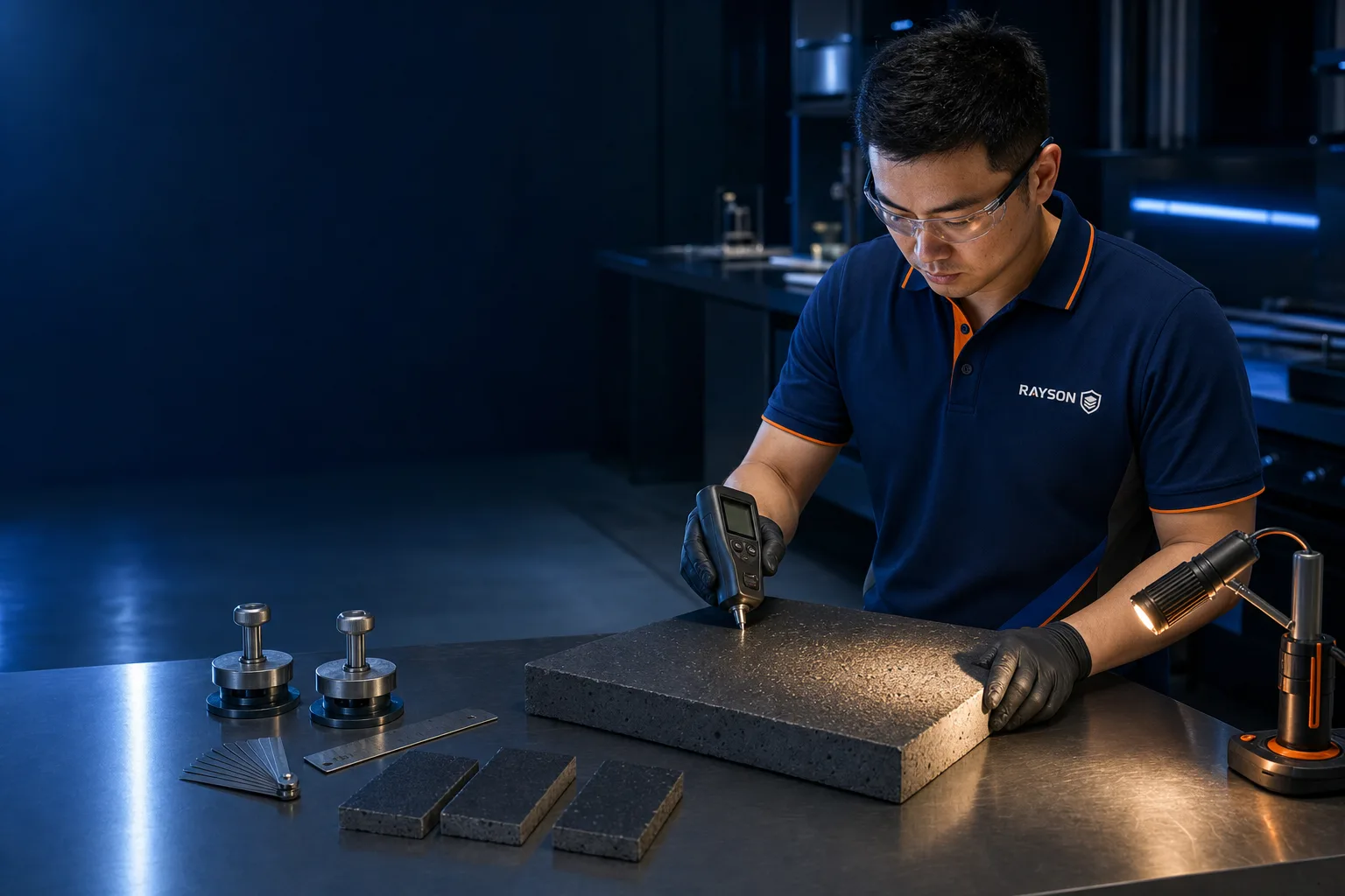 Rayson technical specialist inspecting a coated concrete sample with diagnostic instruments