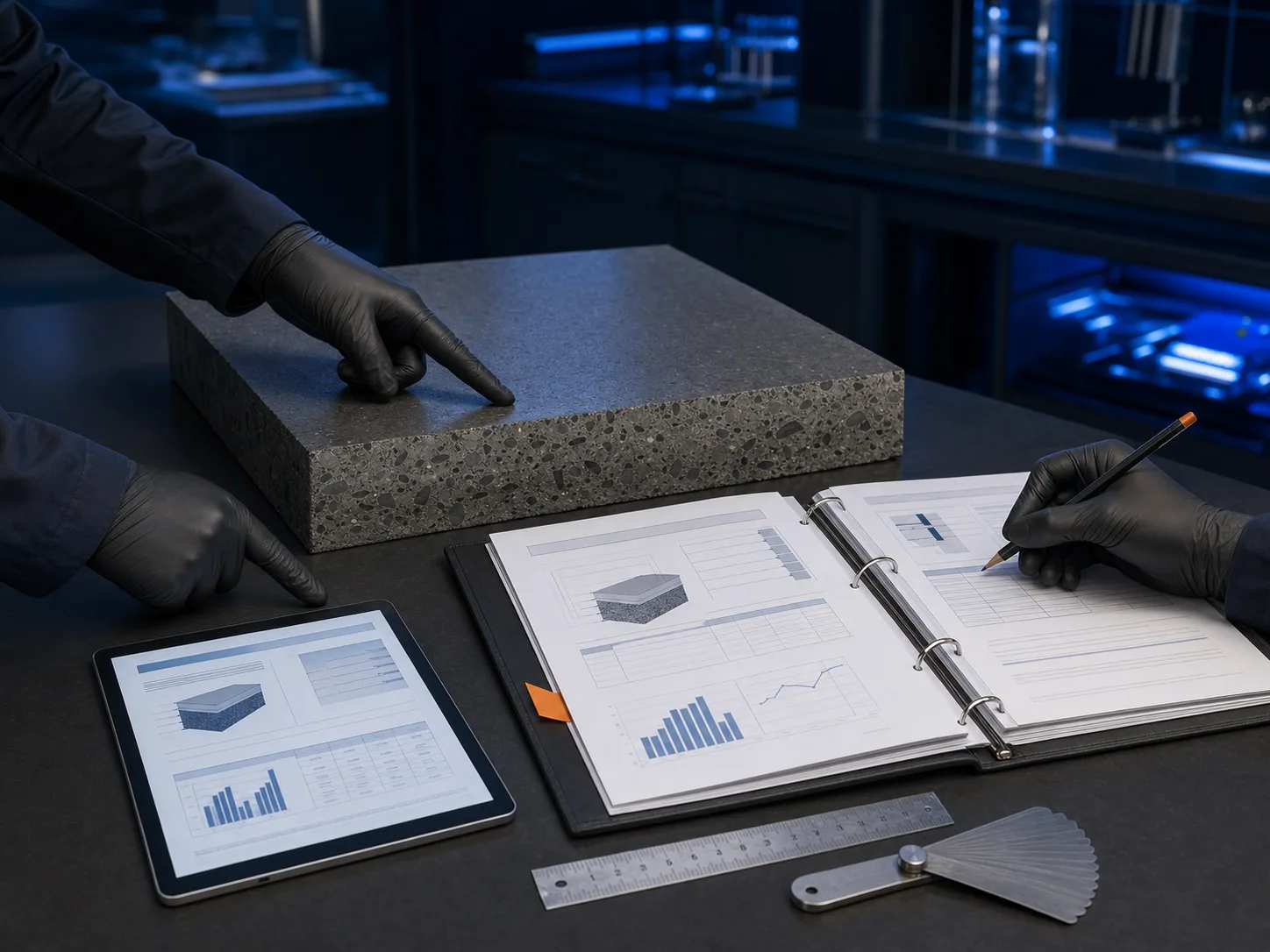 Technical specialists checking a coating sample against a current data sheet, measuring tools and digital records