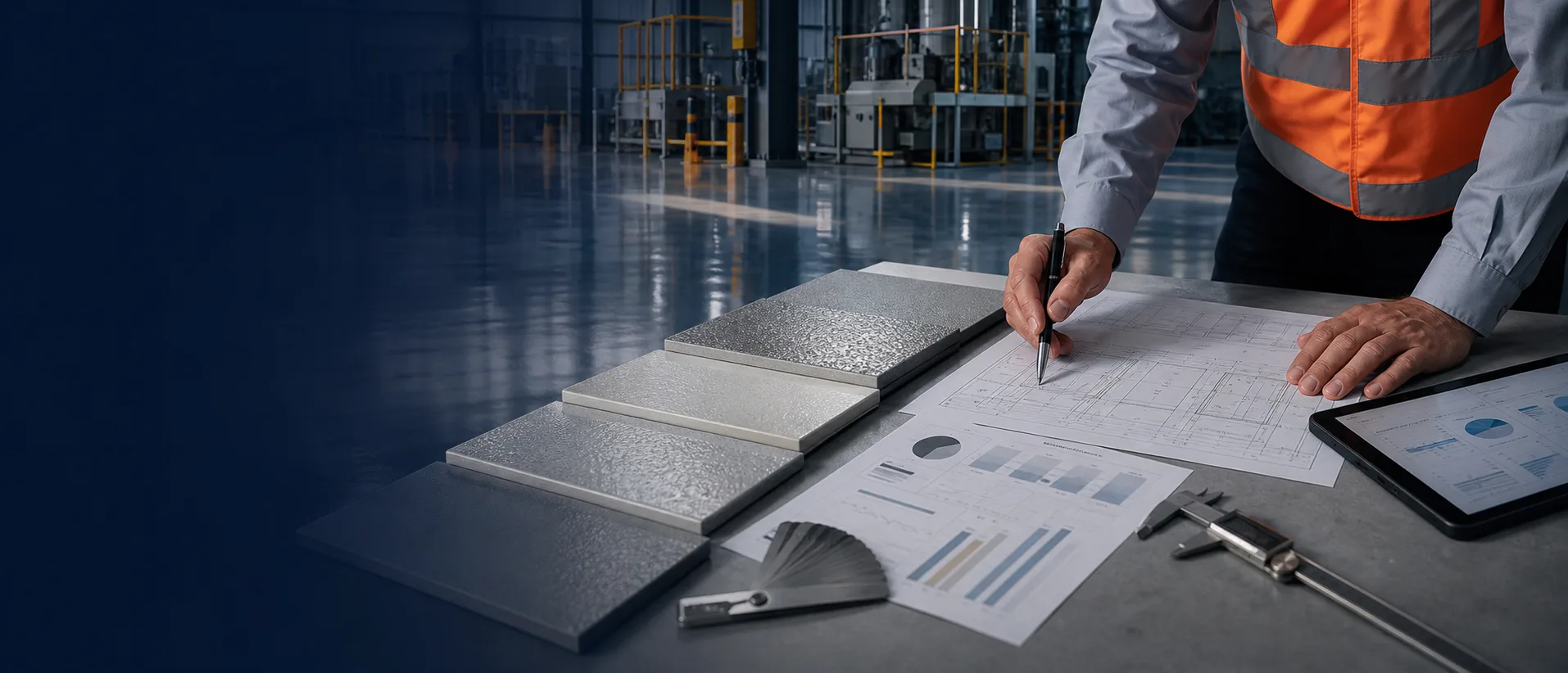 A coating specifier reviewing floor samples, drawings and technical data inside an industrial facility