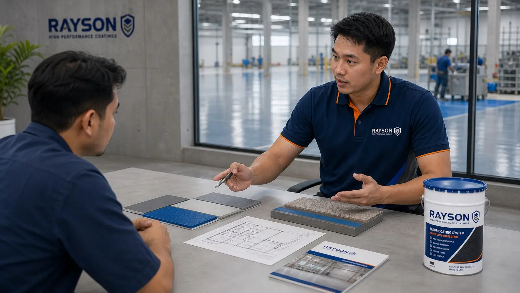 Rayson technical specialist reviewing coating samples and project requirements with a customer