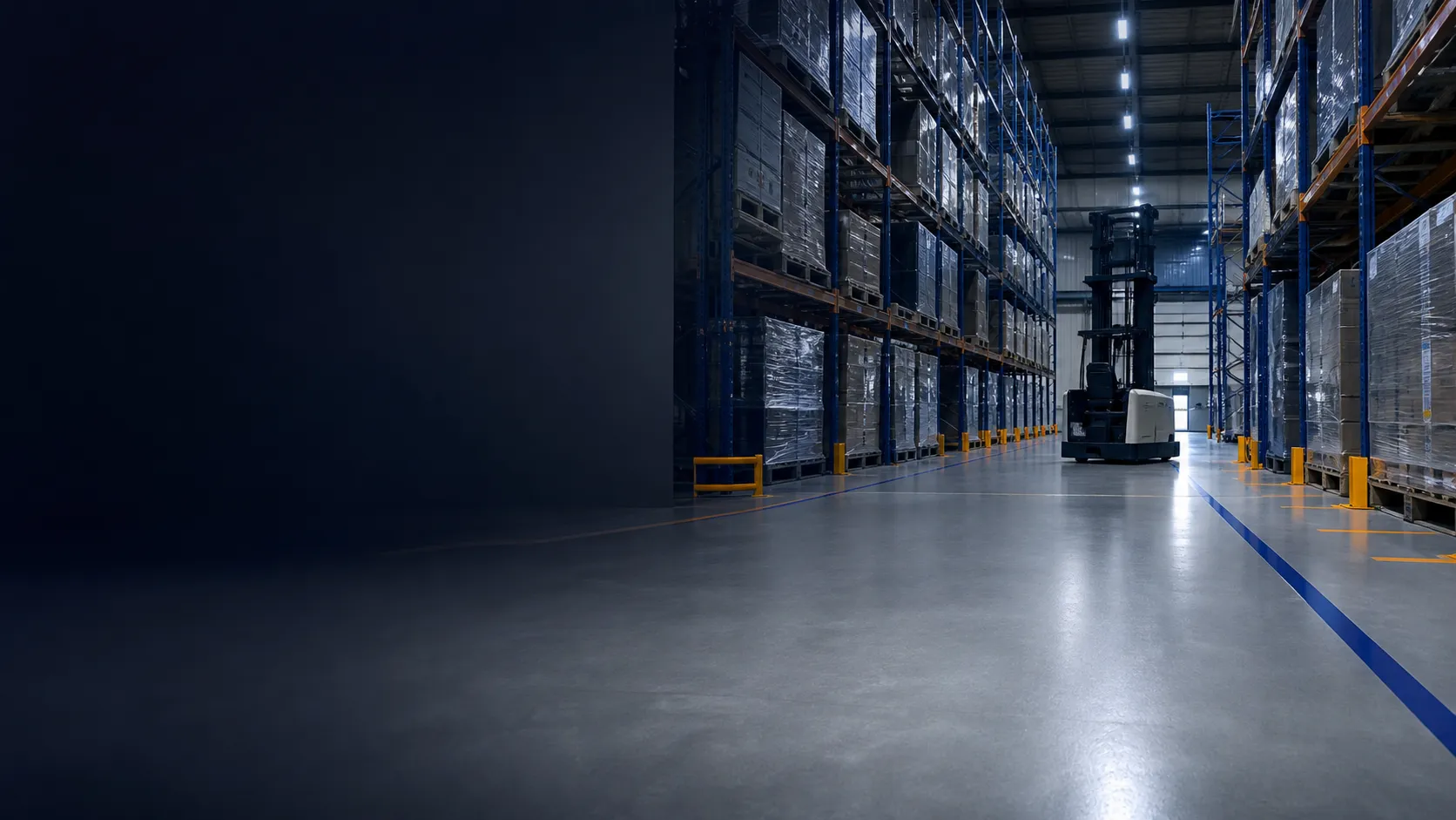 Modern high-bay warehouse with reach truck and seamless grey resin floor