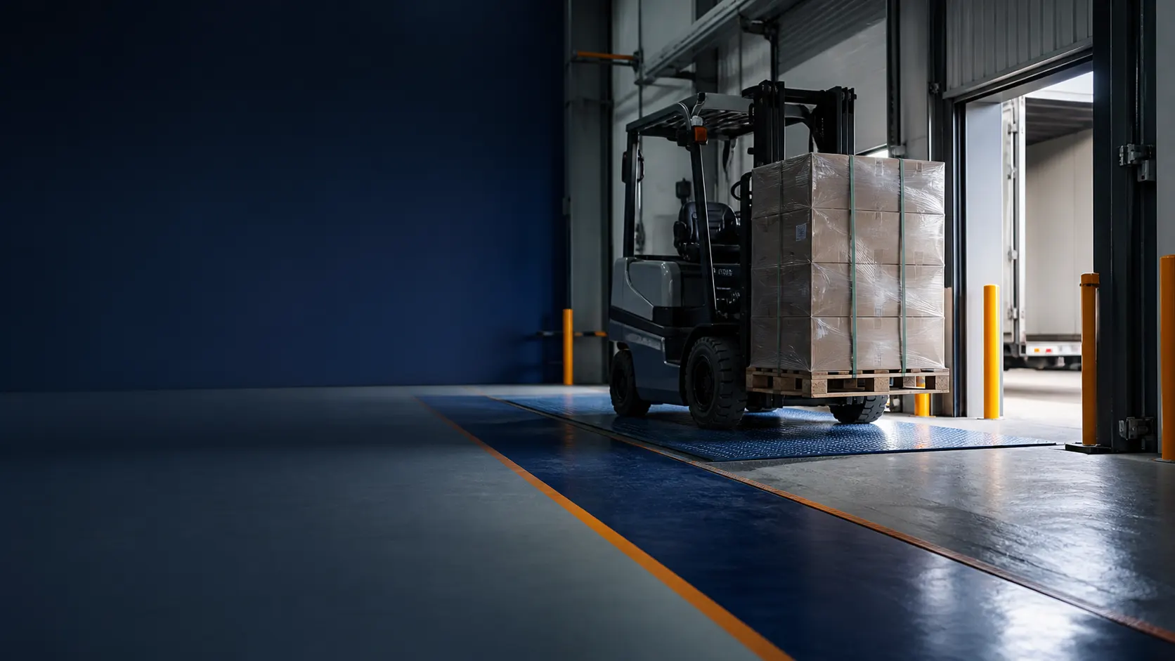Forklift crossing a warehouse loading-dock threshold with steel leveller, joint and coated grey floor