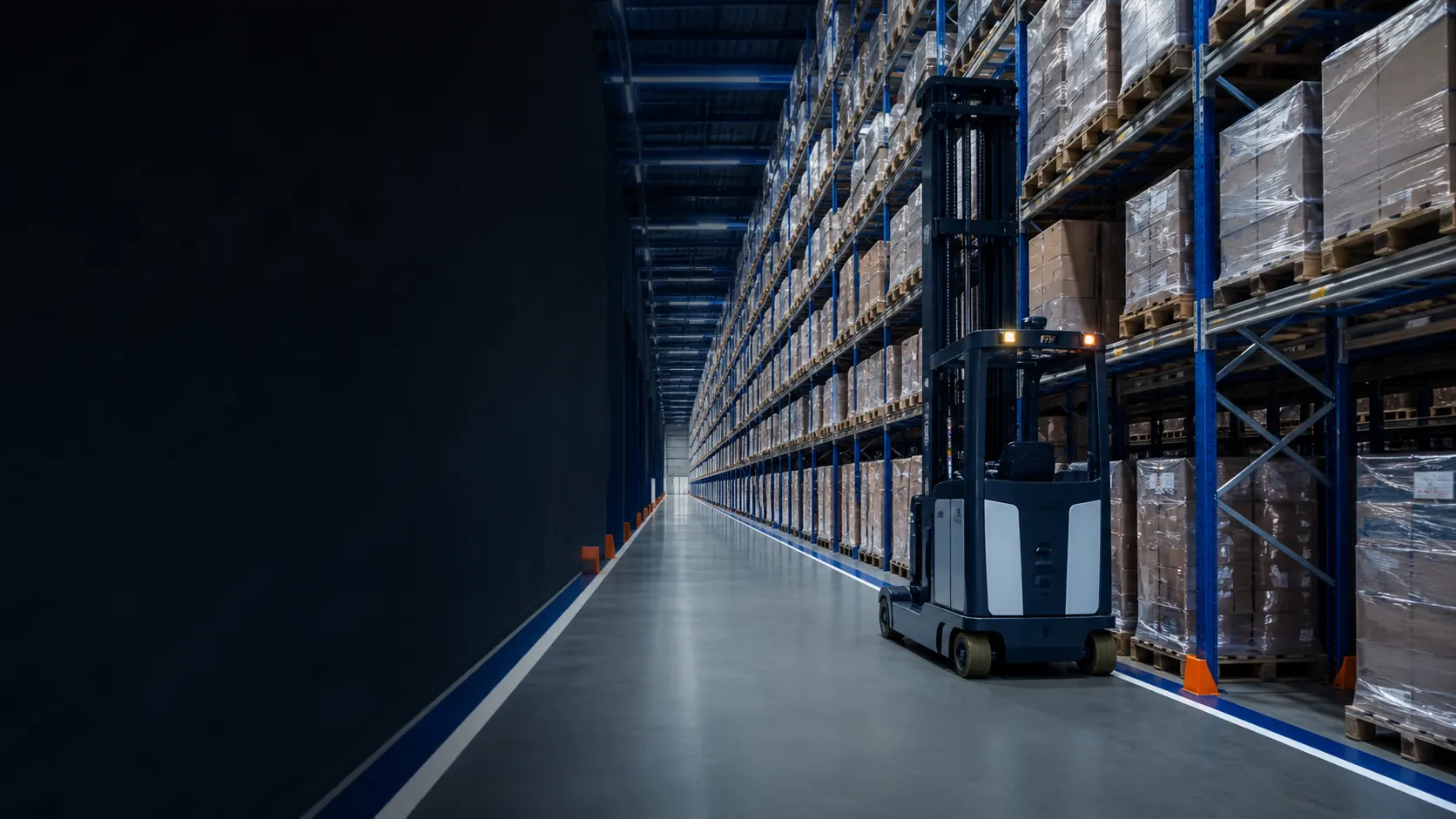 Modern warehouse main forklift aisle with reach truck, high-bay racking and seamless grey resin floor