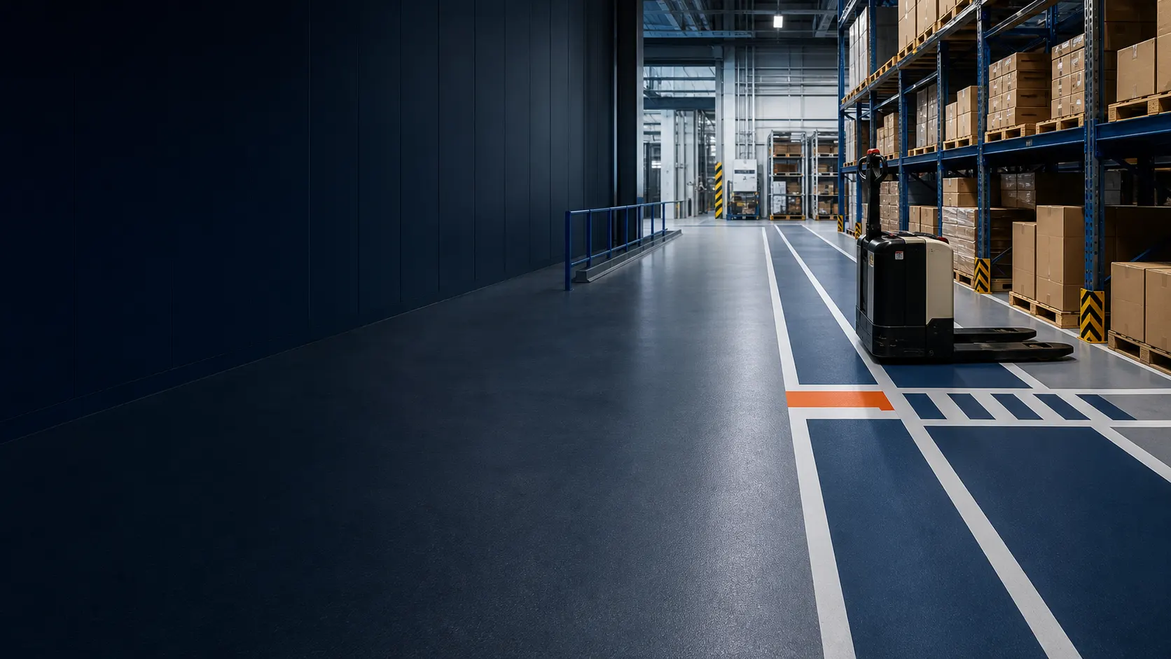 Warehouse picking and pedestrian service route with pallet truck, blue and white markings and clean resin floor