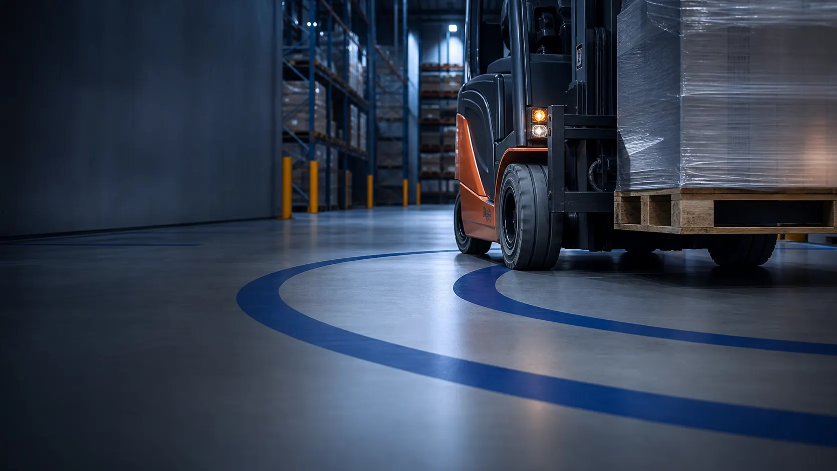 Loaded forklift turning across a blue route at a warehouse cross-aisle with visible tyre contact on resin flooring
