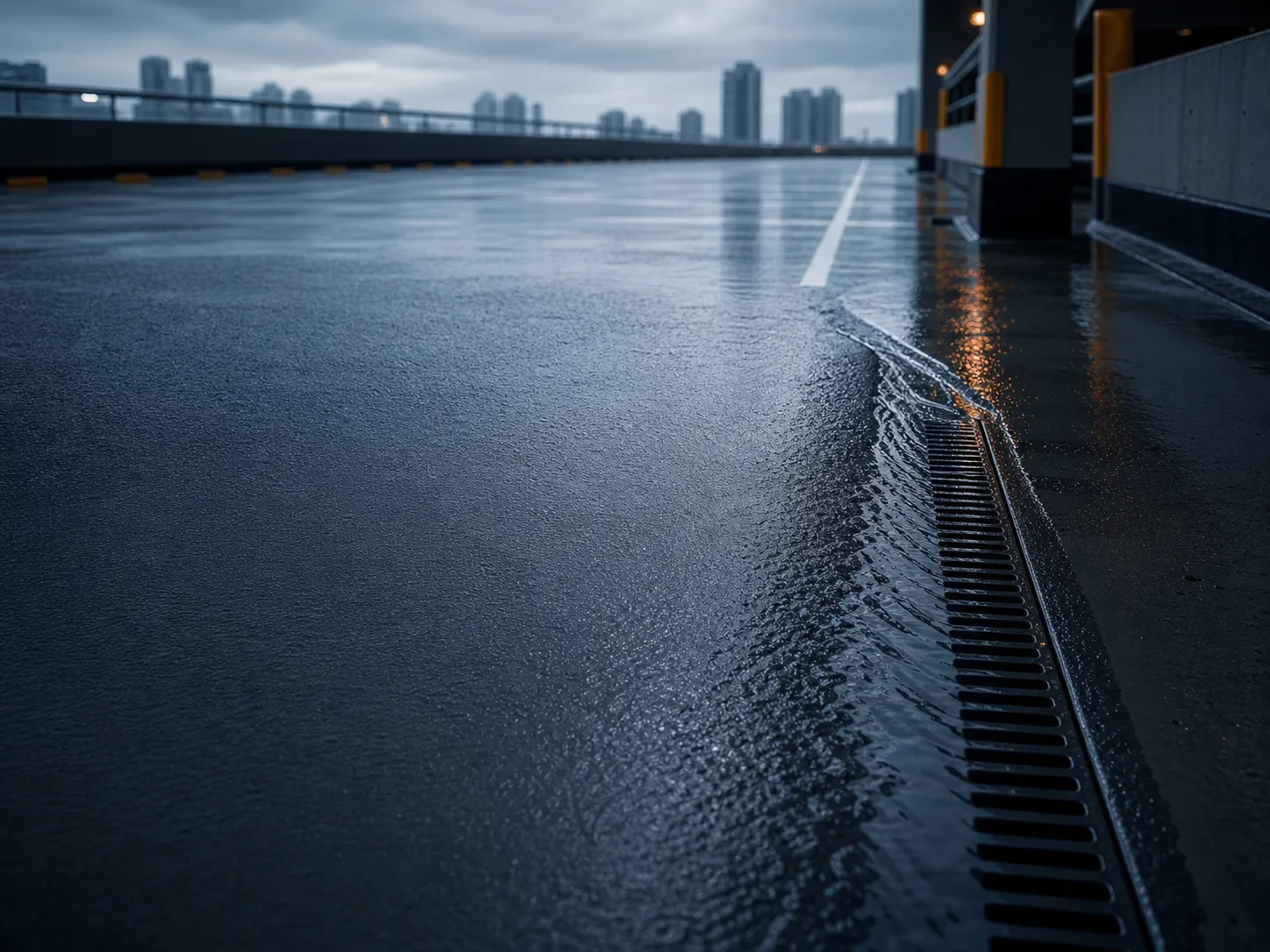 Rainwater draining across a seamless waterproof car-park deck coating
