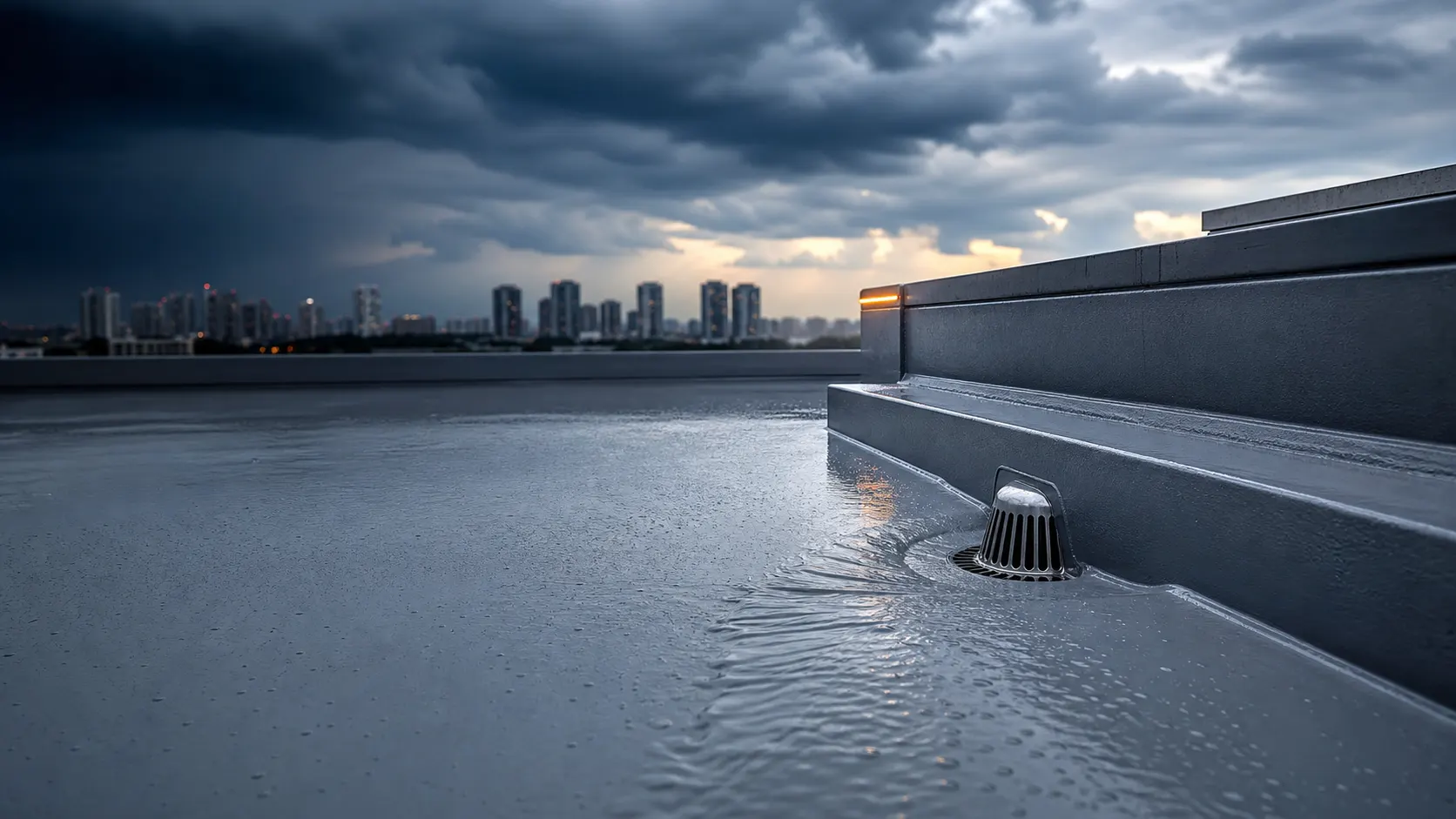 Rainwater moving across a seamless waterproof roof membrane towards a roof drain