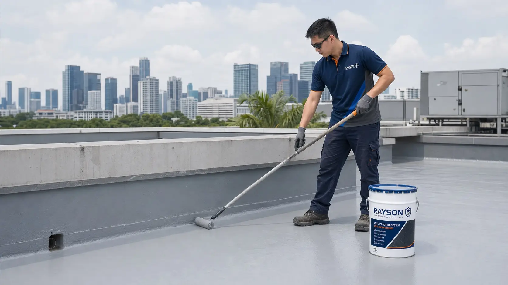 Rayson SiteForce technician roller-applying a seamless waterproof membrane on a Singapore rooftop