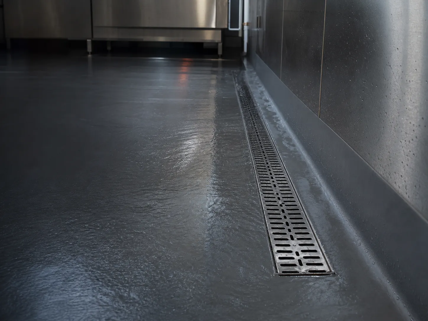 Seamless wet-area membrane turning into a wall cove beside a stainless-steel drainage channel