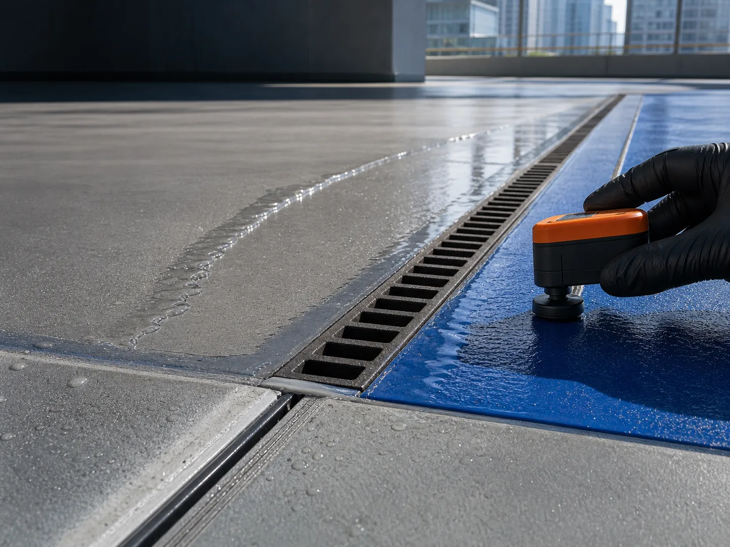 Technician checking drainage, joints and a wet coated surface on a car park deck