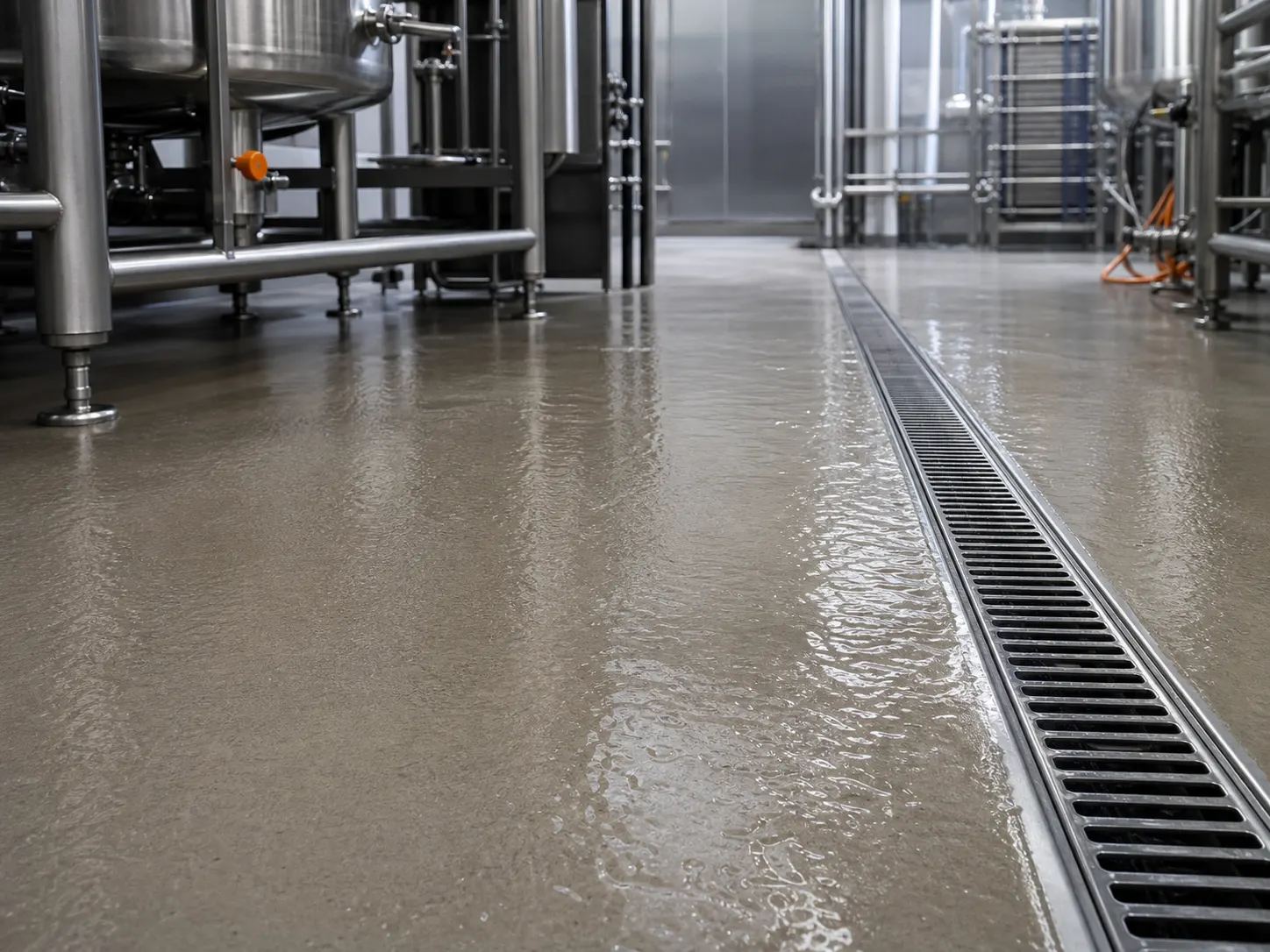 Wash-down water draining across a wet-process floor toward a stainless-steel trench drain
